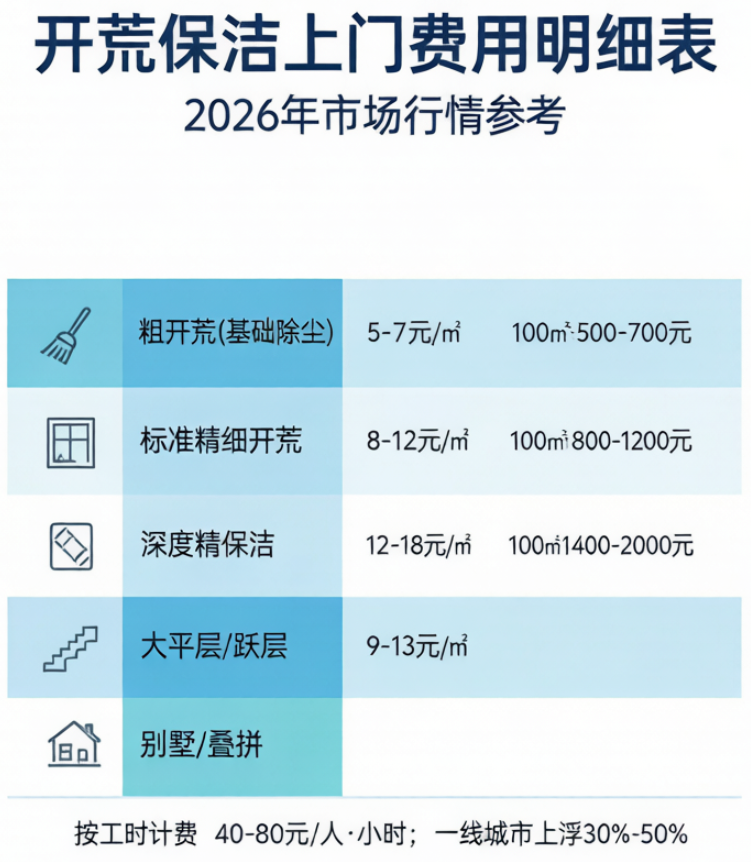 开荒保洁上门费用明细表价格对照图：2026年分档单价与总价