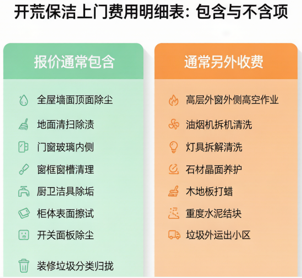 开荒保洁包含项目与额外收费项目对比图