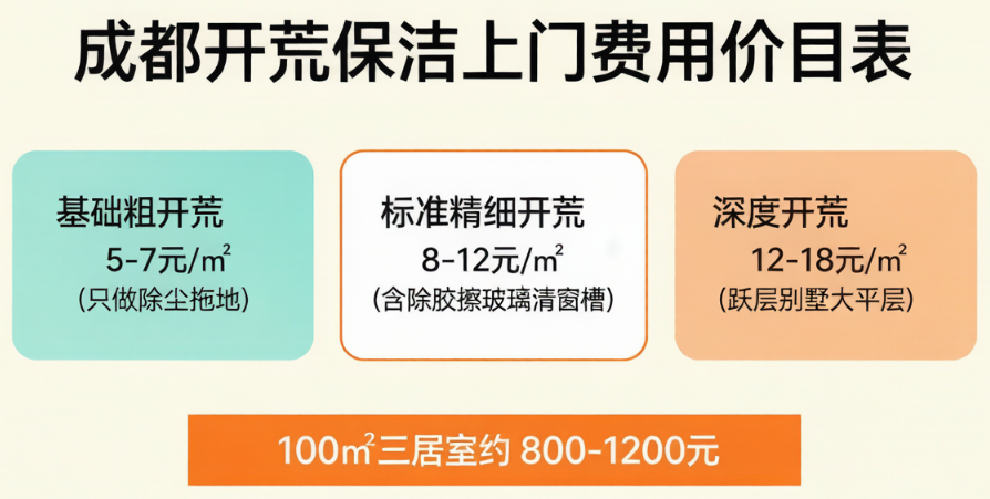 成都开荒保洁上门费用价目表：粗开荒5-7元/㎡、精细开荒8-12元/㎡、深度开荒12-18元/㎡