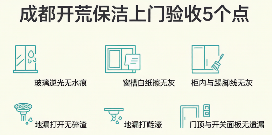 成都开荒保洁上门费用对应验收标准：玻璃无水痕、窗槽无灰、柜内无灰、地漏无碎渣、面板无遗漏
