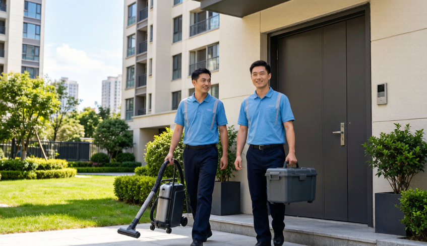 成都天府新区开荒保洁上门服务团队携带工具箱入户